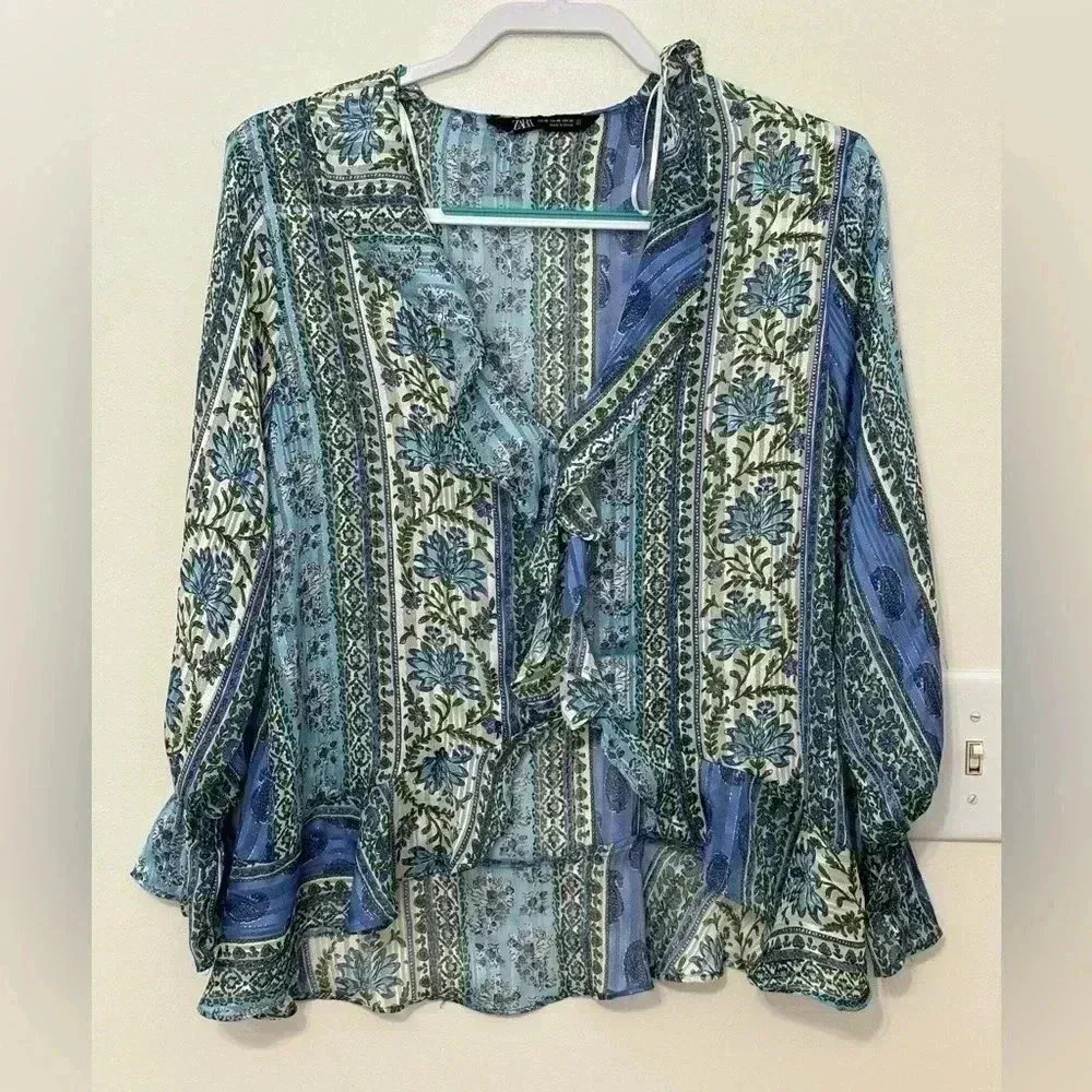 ZARA Patchwork‎ Print Ruffle V Neck Sheer - Image 2