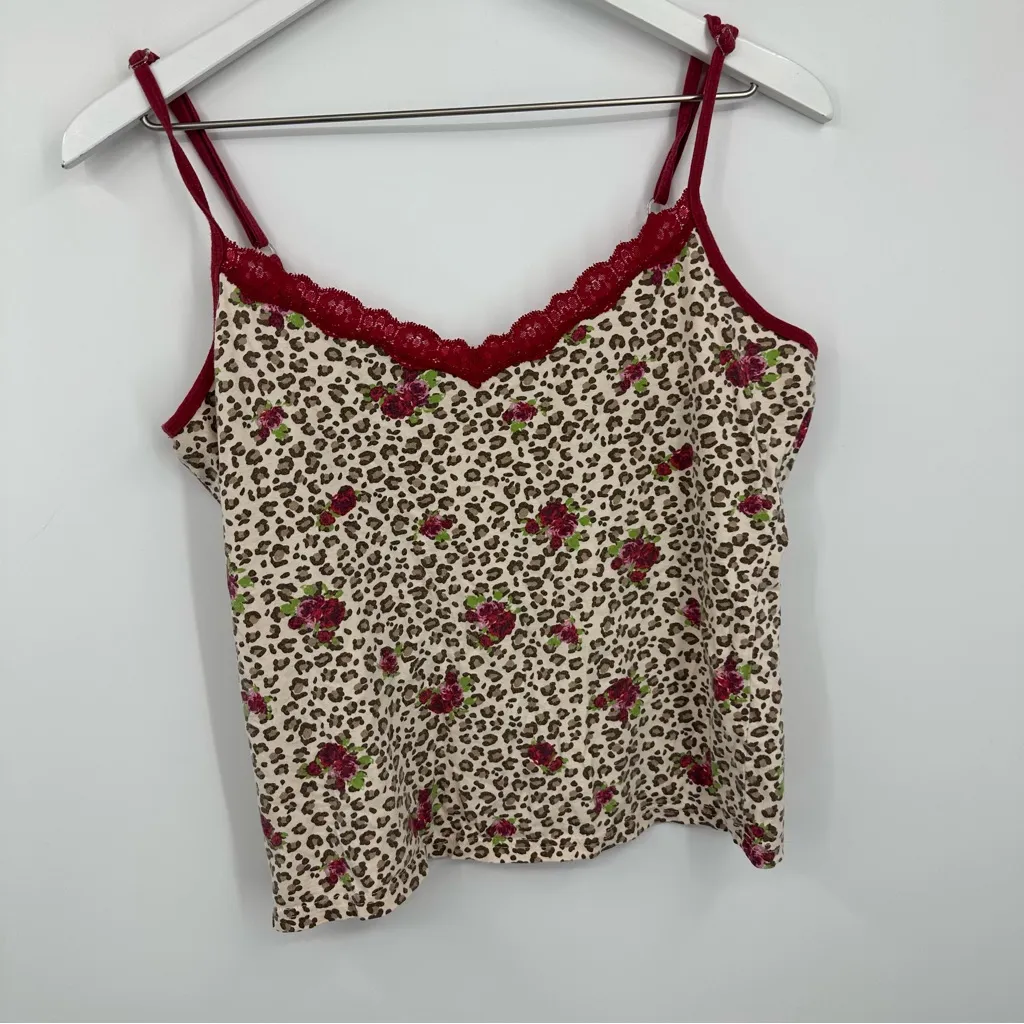 Vintage Y2K Leopard Camisole Size Medium Roses Lace Trim Early 2000s - Image 3