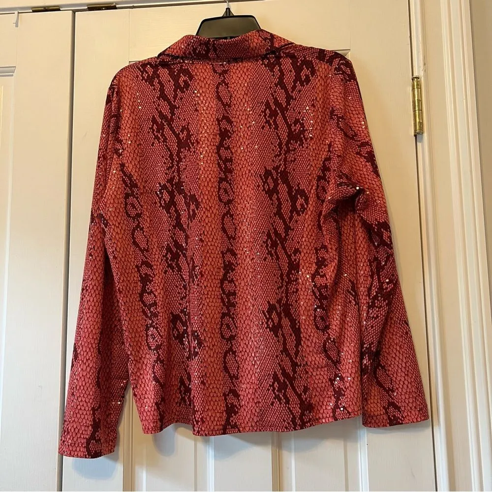 Misook Women’s Button Front Pink Snakeskin Sparkle Blouse Size Medium - Image 3