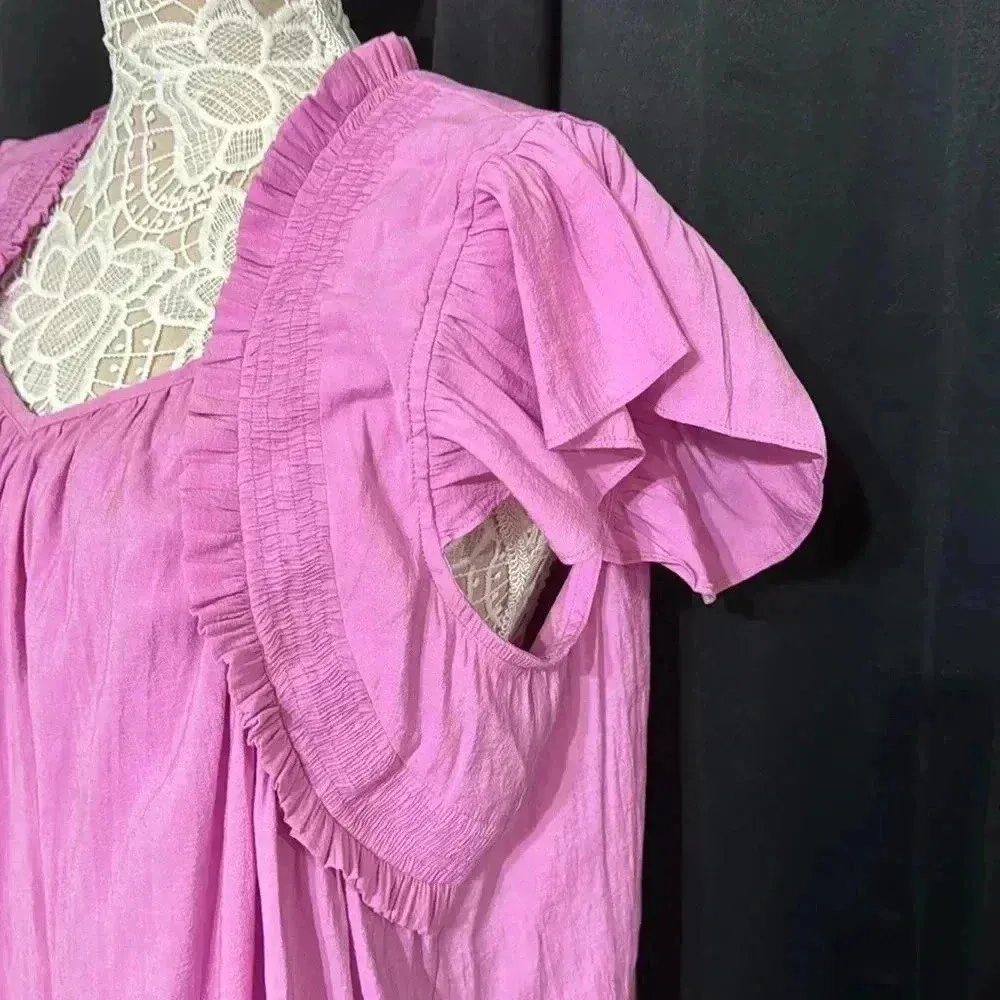 Women’s Pink Ruffle Short Sleeve Blouse - Image 2