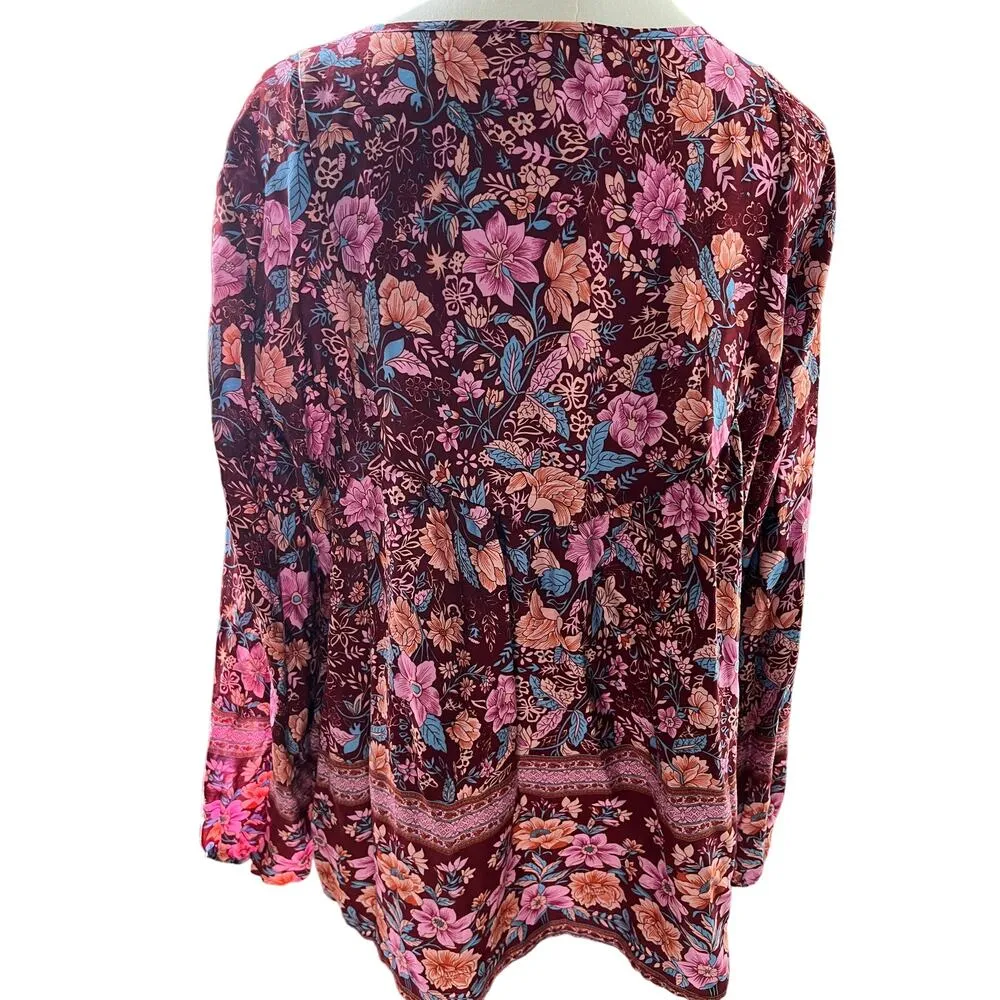 Pretty Garden Boho Cottagecore‎ Blouse Large Pink Floral Tie Neck Peasant Top - Image 6
