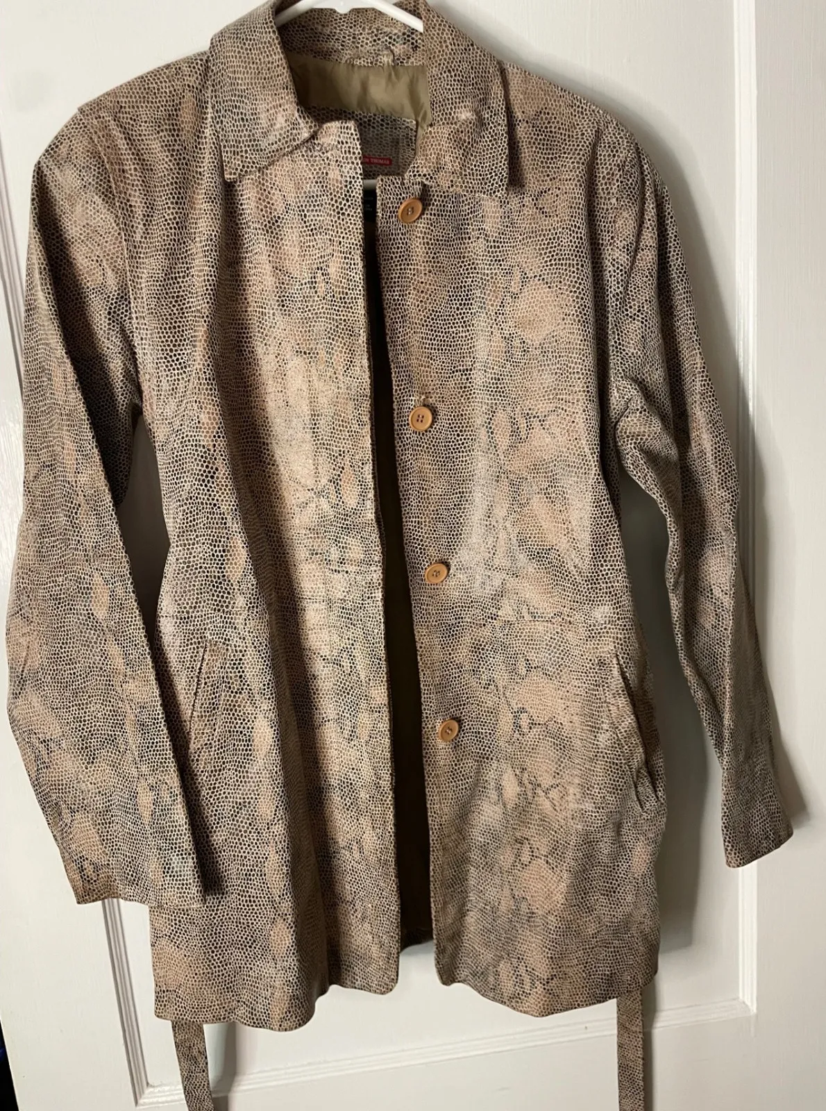 Brandon Thomas Snakeskin Print Leather Belted Trench Coat Women's Size S Tan - Image 1