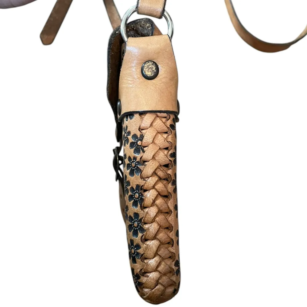 Handmade Leather Boho Hippie Earthy Natural Tan Floral Braided Crossbody Bag - Image 3