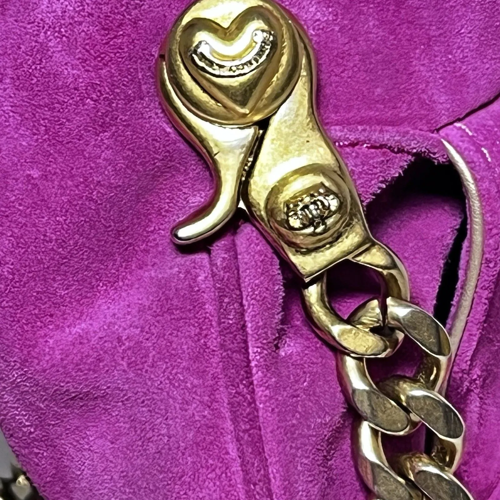 Vintage Y2K Juicy Couture Fuchsia Suede Bag Gold Chain Strap Rhinestone Heart - Image 10