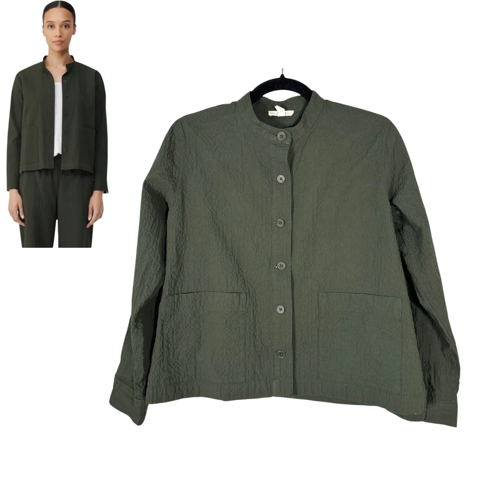 Eileen Fisher Green Textured Mandarin Collar Blouse PS Petite Small 6 – 8 - Image 2