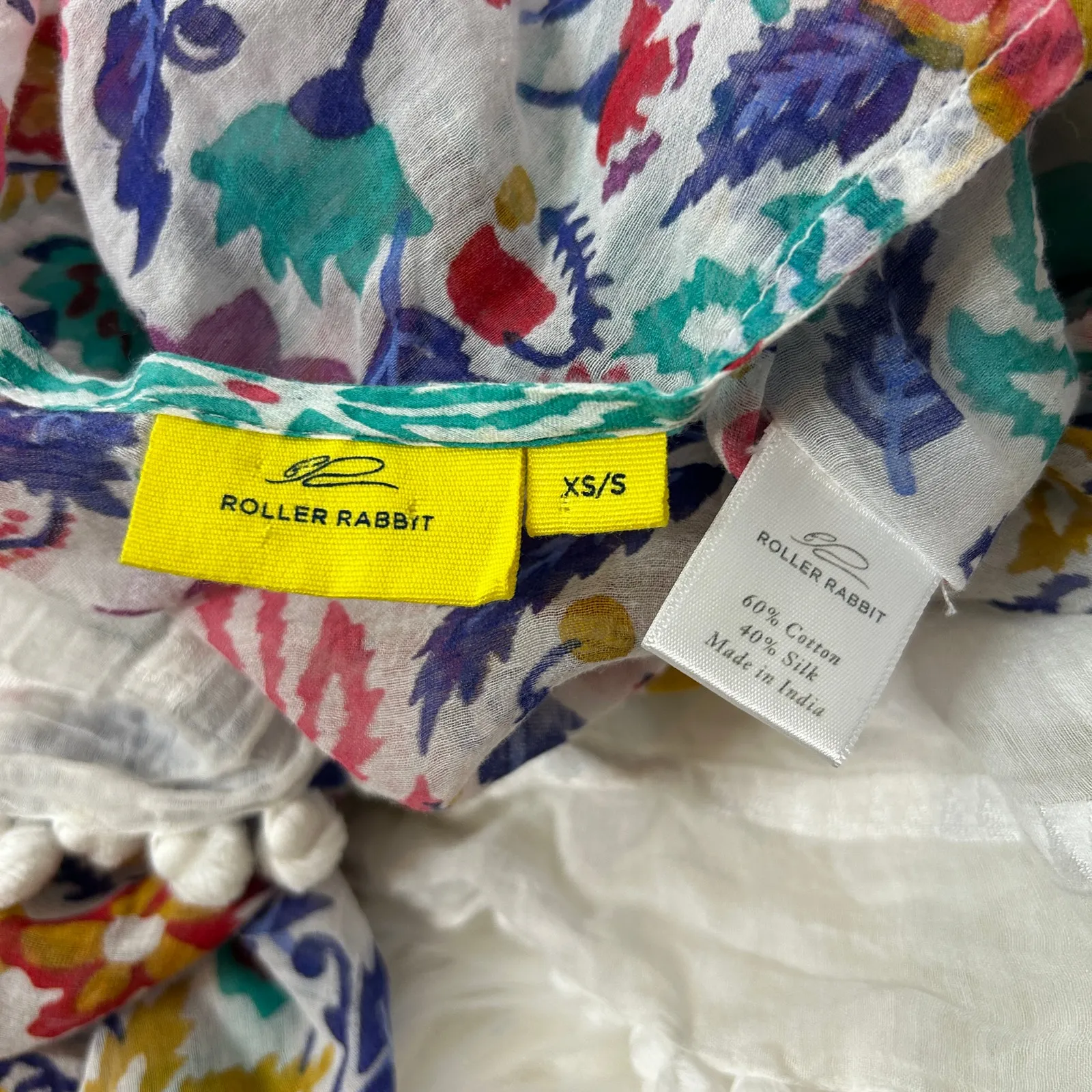 ROLLER RABBIT Swim Coverup Kaftan Womens Size XS Floral Pom Pom Boho Vacation - Image 11