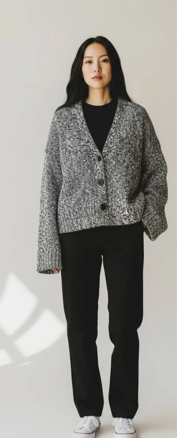 Frame Oversized Marled Chunky Knit Cardigan Size Large Gray Black Sweater Button - Image 1