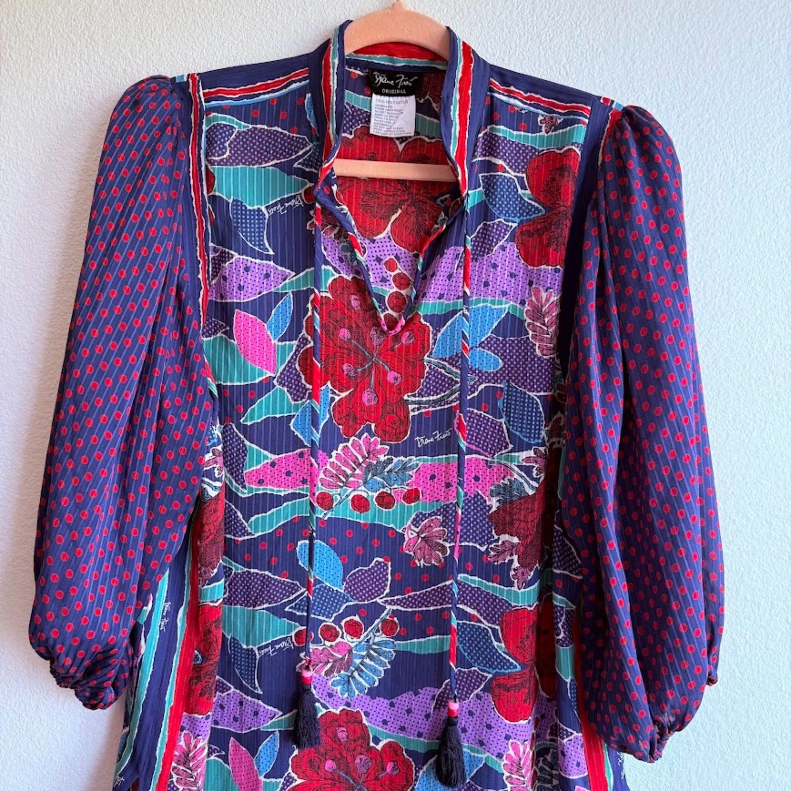 Vintage 80s Diane Freis Coordinating 3 Piece Floral Dot Tunic Pants & Sash Set Blue Size M - Image 9