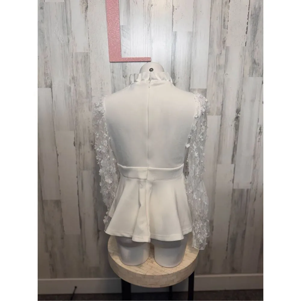 Womens Tops Floral Applique Ruffle Hem Frill Trim Top White Size L - Image 4