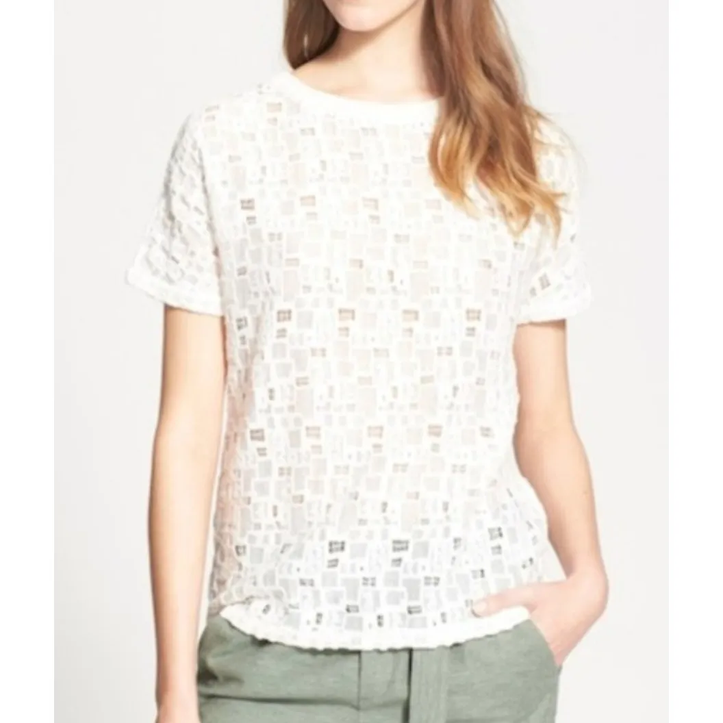 VINCE White Cotton Semi-sheer Textured Pullover Short Sleeve T-Shirt XS - Image 3