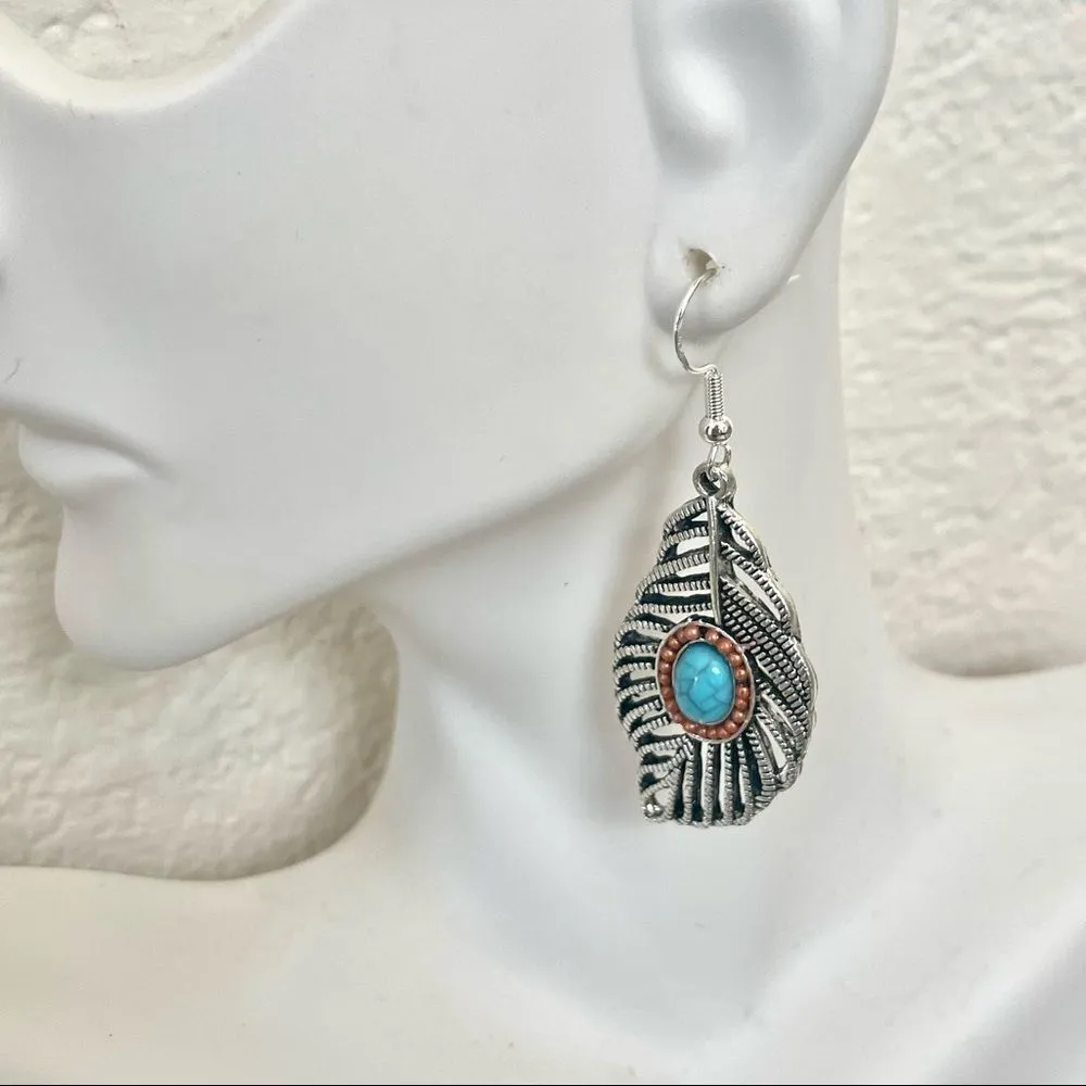 Silver tone feather and faux turquoise earrings - Image 6
