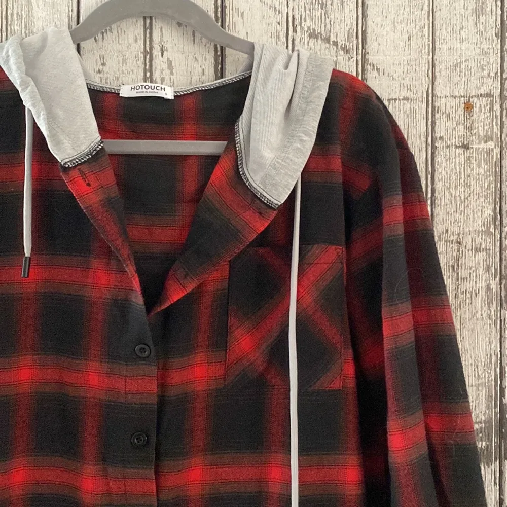 Buffalo plaid button up with gray hoodie - Image 2
