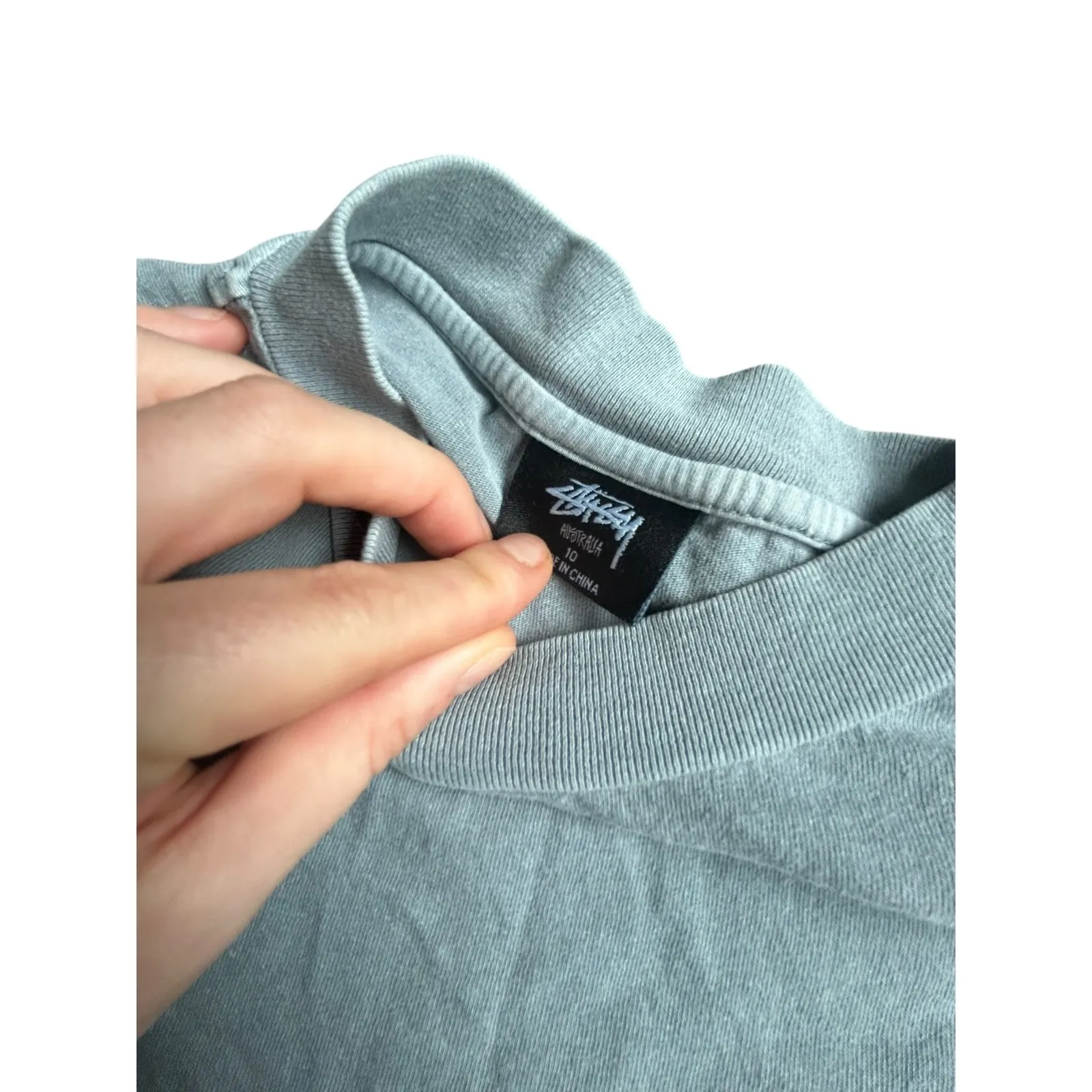 Stussy Designs Light Blue Gray Pocket T Shirt Women Oversized Boxy Fit - Image 3