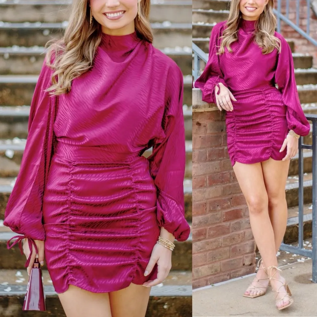 4SI3NNA Jolene Mock Neck Blouson Long Balloon Sleeve Ruched Mini Dress Party XS Pink - Image 2
