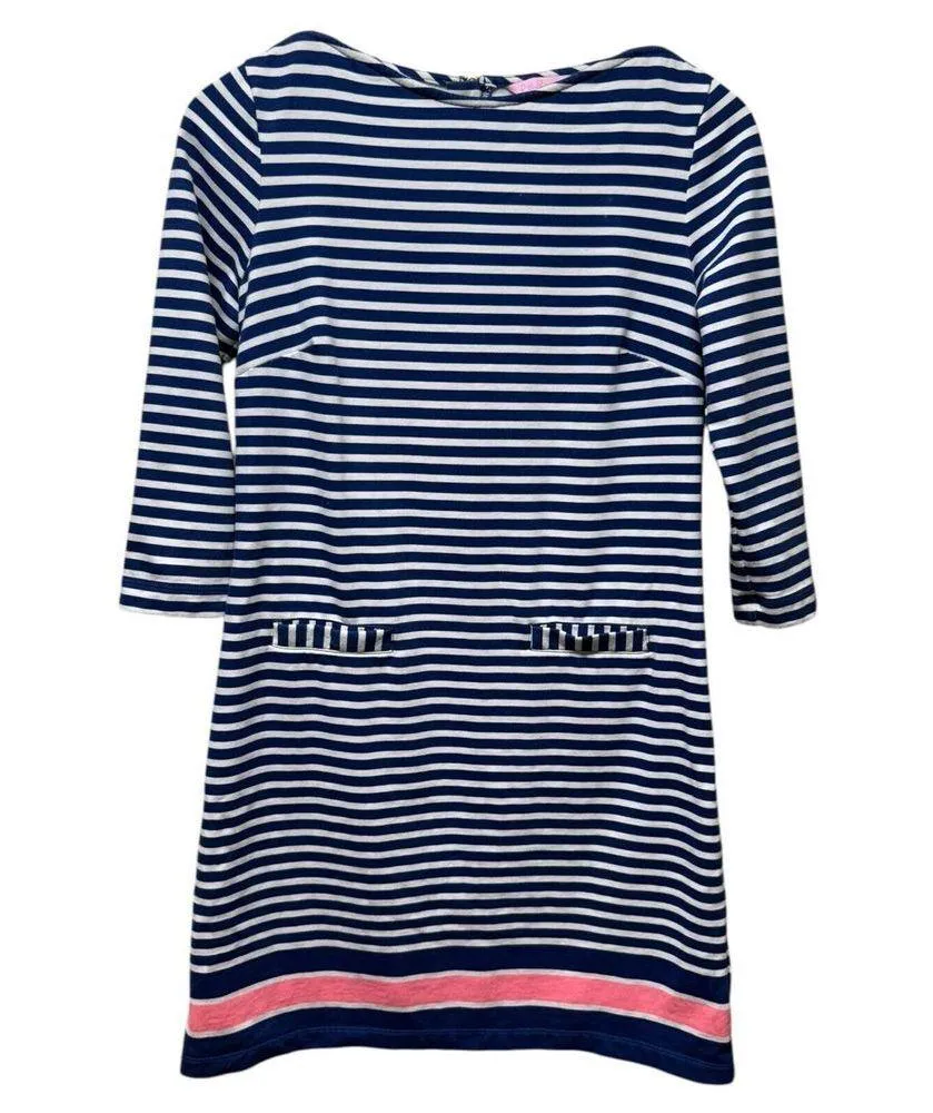 Lilly Pulitzer Shift Dress Sz S Blue Pink Stripe Boat Neck Stretch Resort Preppy - Image 4