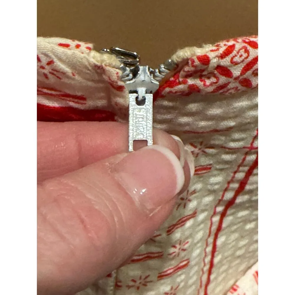 Vintage Ruffled Prairie Apron style red white floral patchwork dress size XS - Image 15