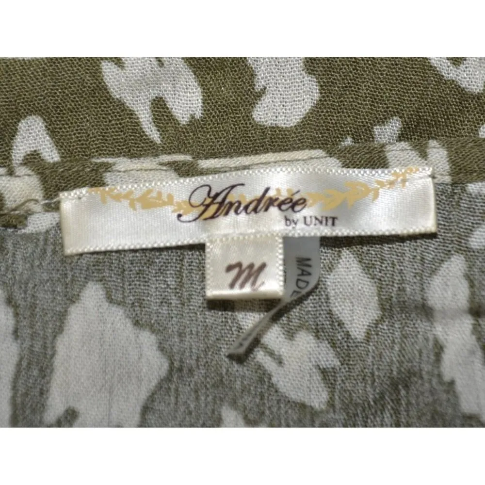 Andree By Unit Ladies M Leopard Print Olive Green & Cream Rayon Blouse Top Cute - Image 10