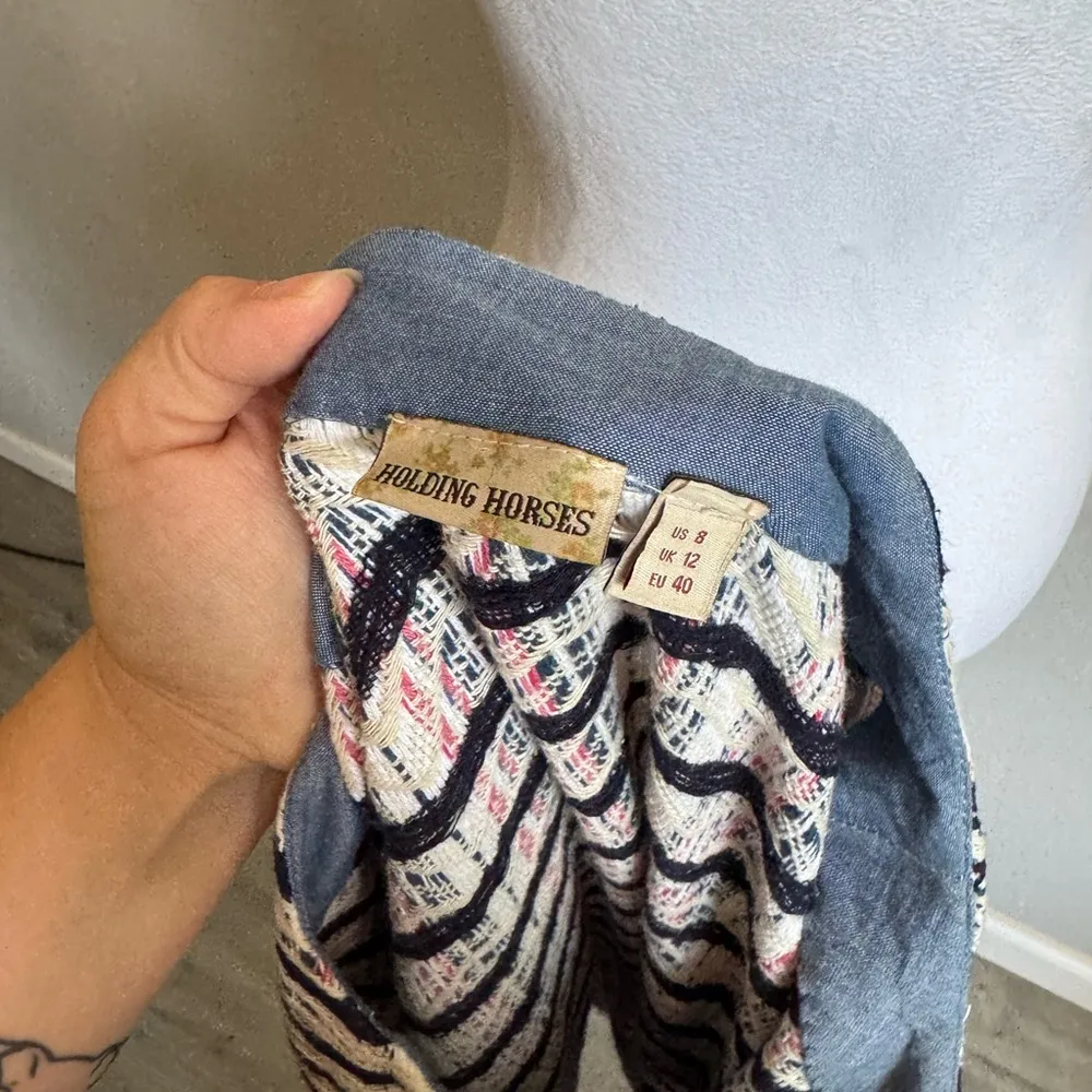 Anthropologie Holding Horses White Navy Tweed Stripe Fringe Shift Dress Womens 8 - Image 7