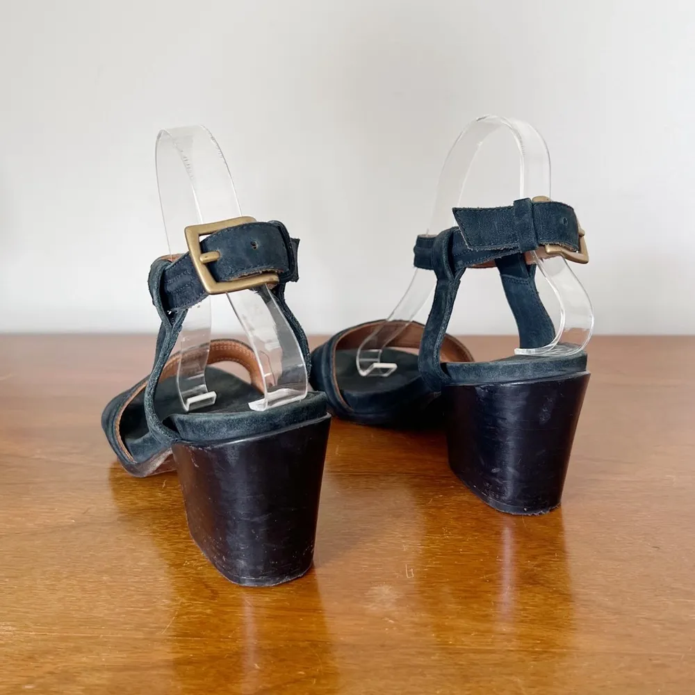 Billy Reid • black suede block heel sandals ankle strap leather stacked buckle - Image 4