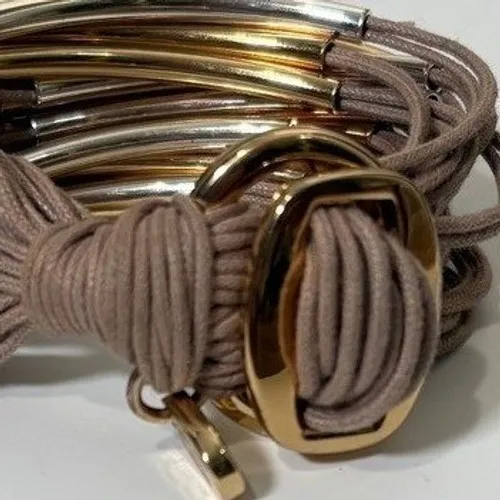 Gillian Julius RB2M Multi Strand Cord Bracelet Taupe Metal Tube Gold Silver Tone Tan - Image 4