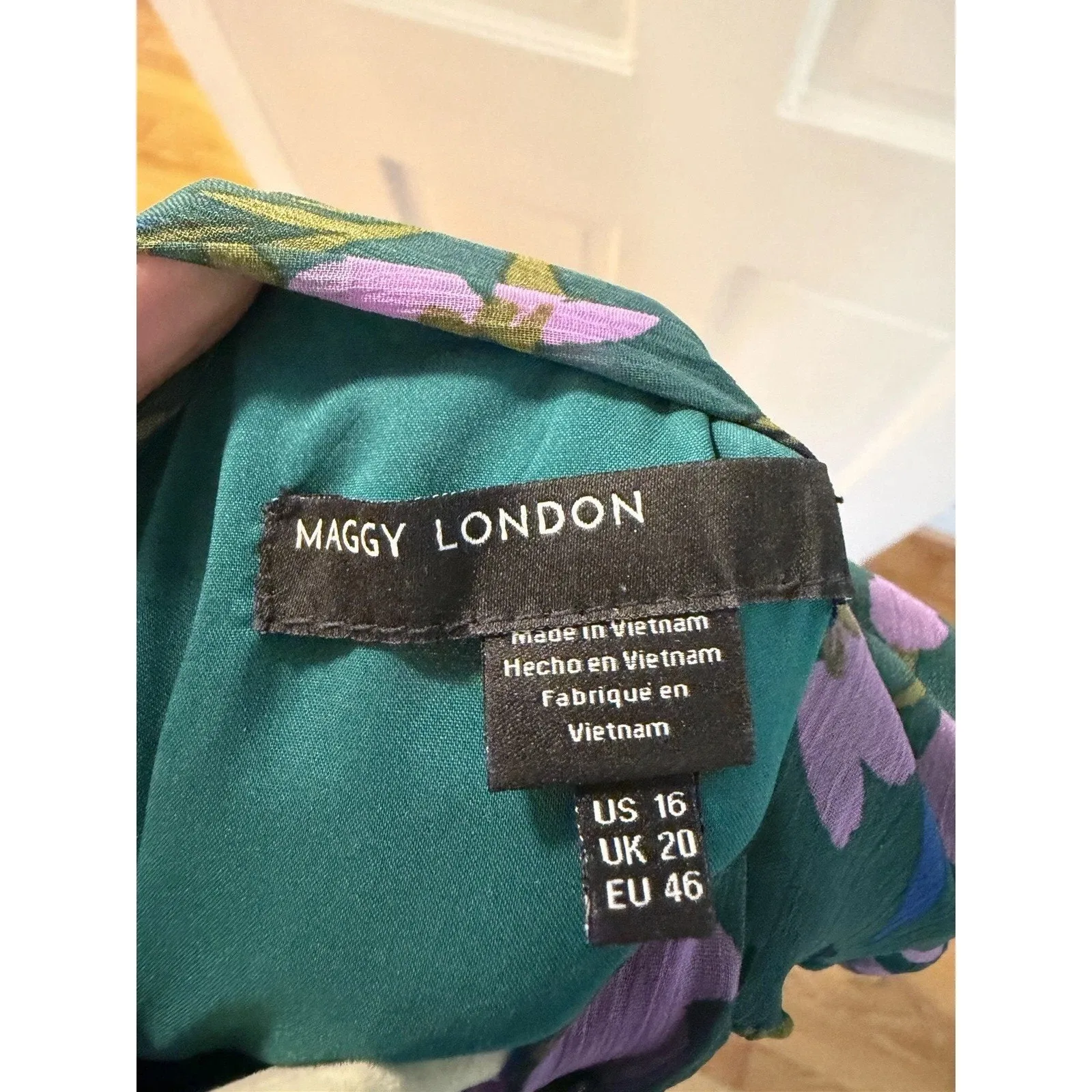 Maggy London Green Floral Dress Elbow Length Sleeves Tie Back Sz 16 - Image 6