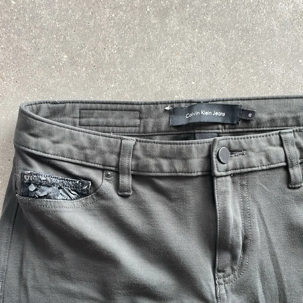 CALVIN KLEIN JEANS Army Green Taper Pants Stretch Logo Pockets Women's 10 - Image 3