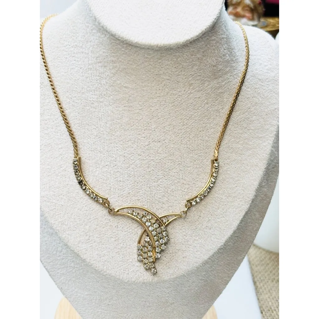 Vintage Gold & Rhinestone Art Deco Statement Necklace 17” Elegant Design - Image 2