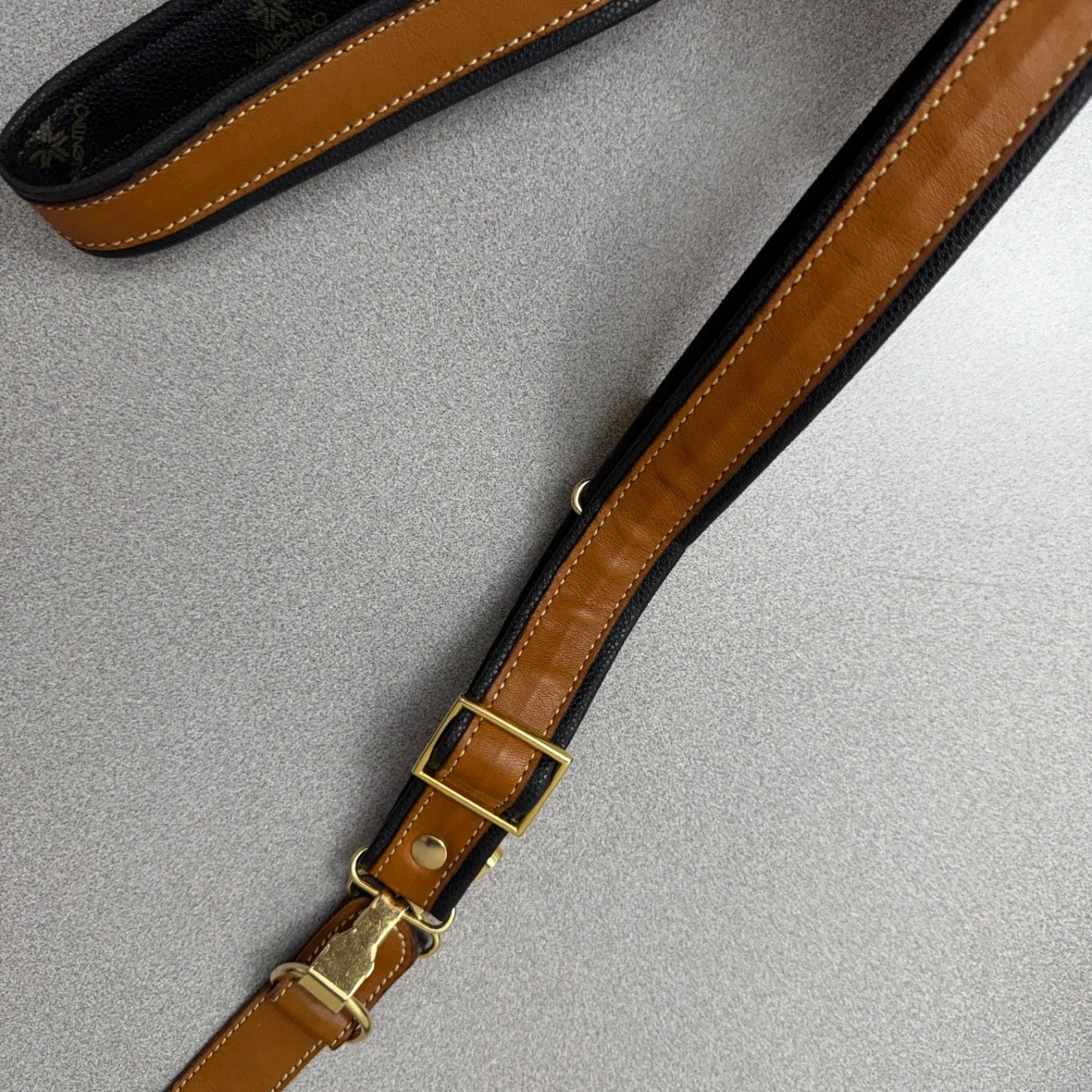 Vtg Valentino Leather Luggage Strap Garment? Brown Black Adjustable Brass 1.25" - Image 4