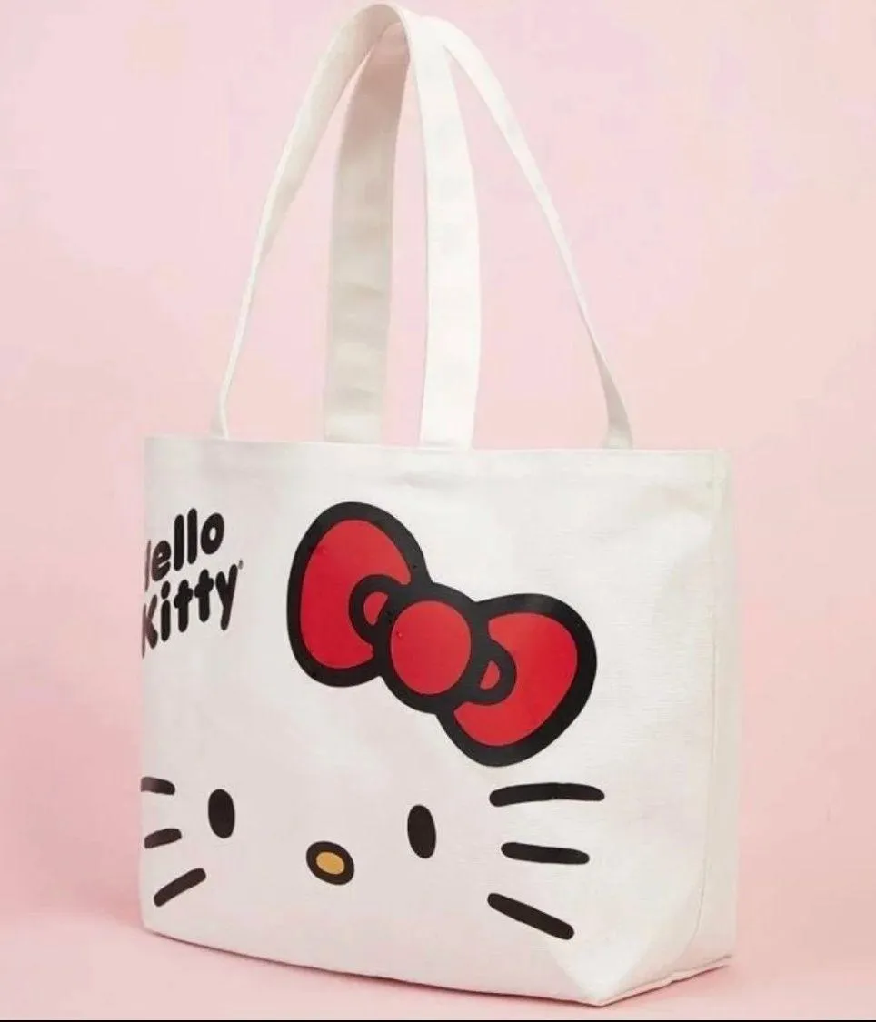 Hello Kitty canvas tote bag cartoon cute fun cream white shopping - Image 2