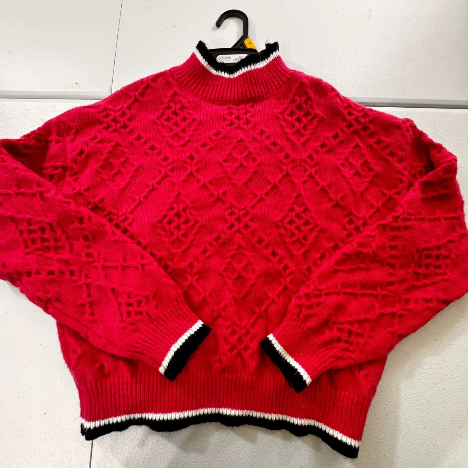 Vibrant pink Geometric Knit Mock Neck Sweater with Black White Trim Women's M Red Size undefined - Image 1