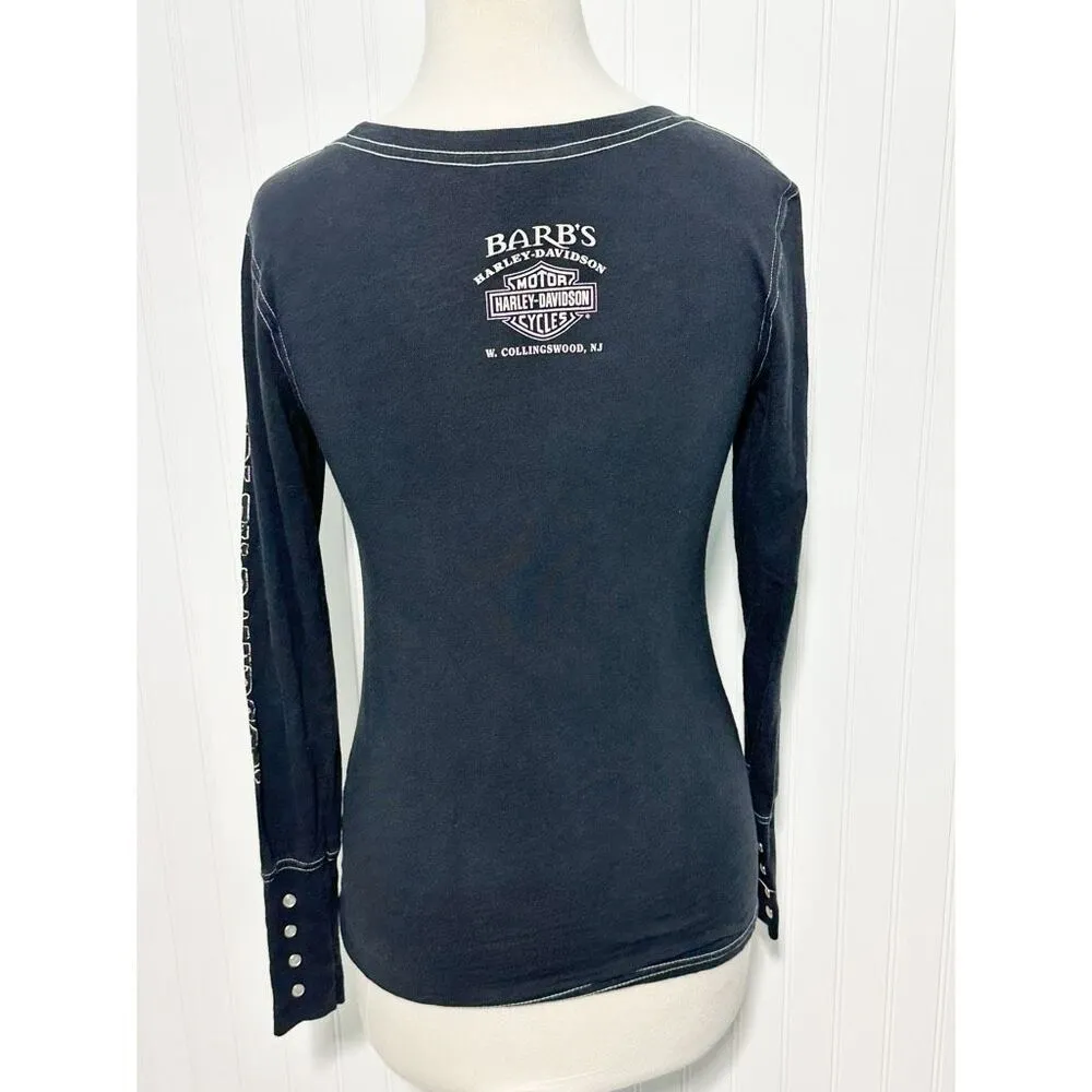 Harley Davidson Women's Skull Barbs Collingswood‎ T Shirt Blue Size Large - Image 4