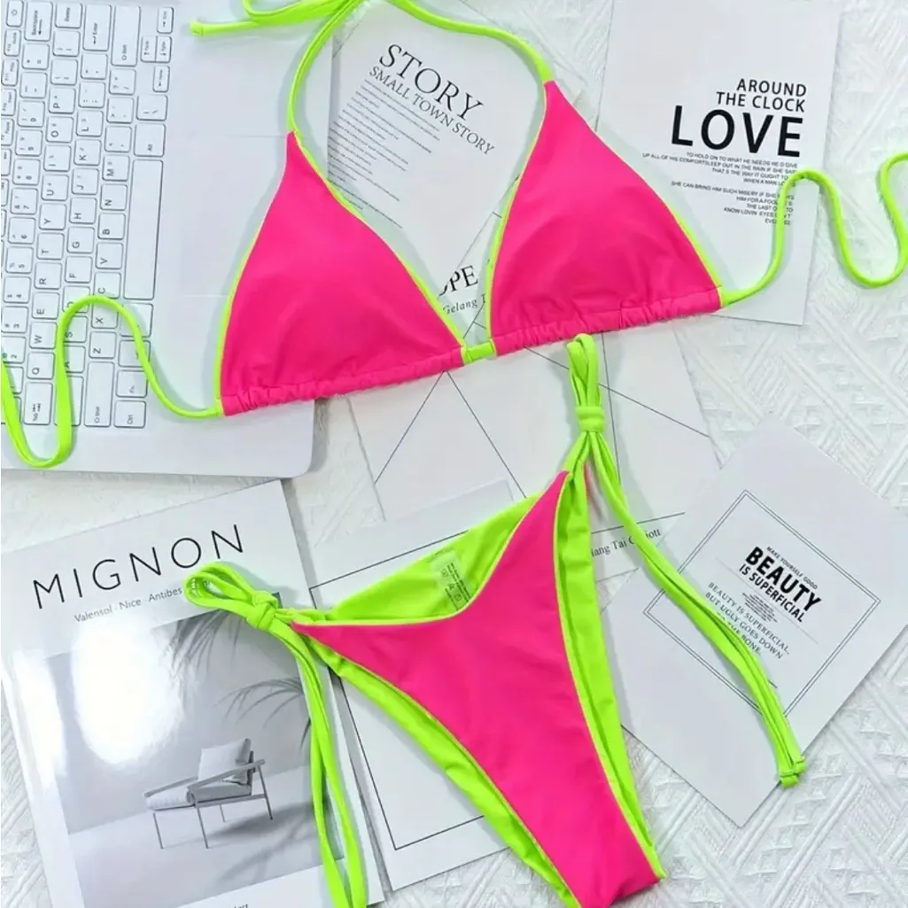 Vibrant Pink and Neon Green Bikini Size L - Image 2