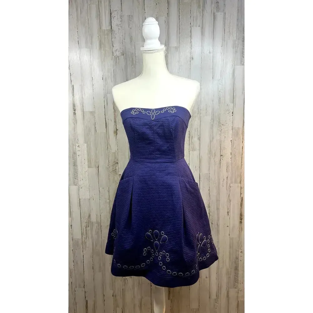 Lilly Pulitzer Women's Bernadette Strapless‎ Embroidered Dress Navy Blue Size 0 - Image 2