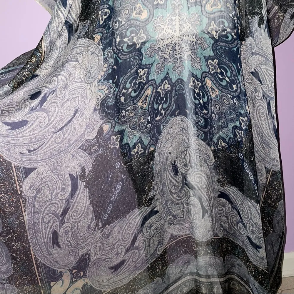 Blue Boho Kimono Maxi Chiffon Psychedelic Swim Cover V Neck Longline Poncho - Image 5
