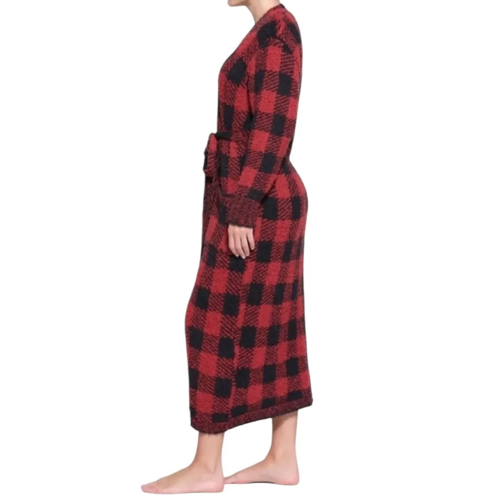 NWT SKIMS Knit Unisex Belted Robe Brick Buffalo Plaid Red Black Size S/M - Image 4