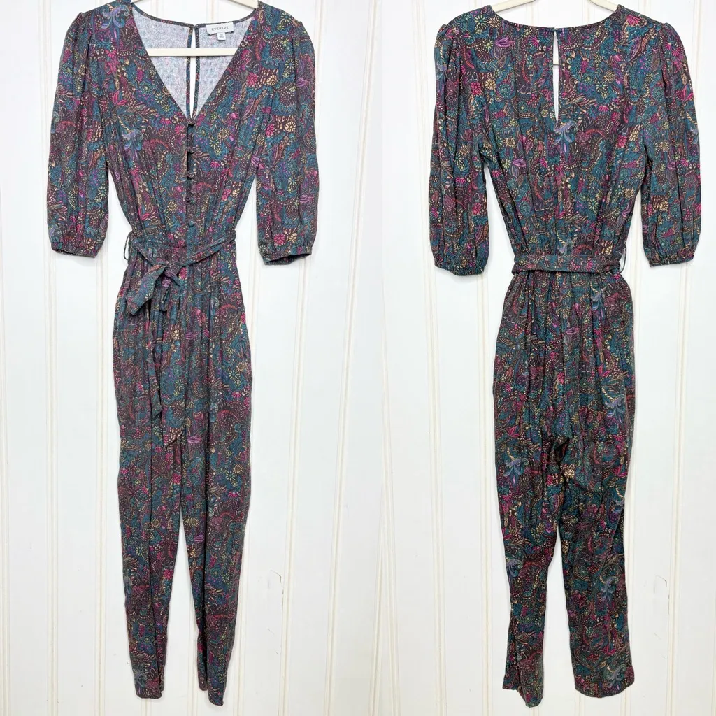 EVEREVE Floral Ember Jumpsuit Size XS Puff Sleeve Belt Cropped Purple Teal 625 - Image 4