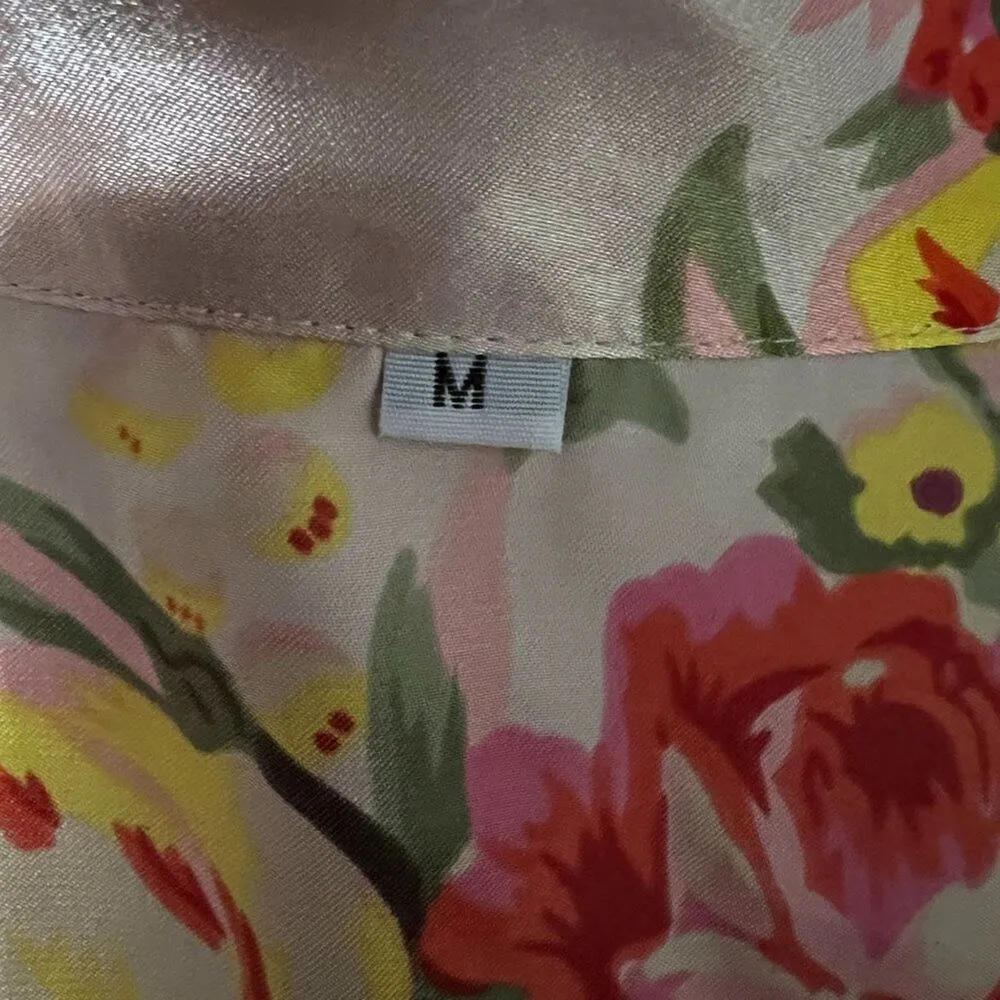 Satin Tie Belted Robe Apricot Pink Floral Bouquet Kimono Womens Medium - Image 5