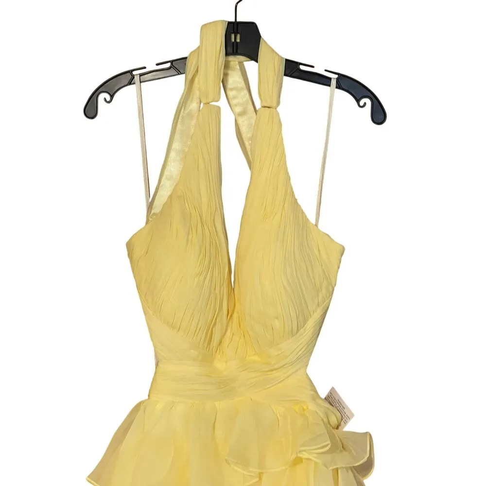 Mac Duggal NWT Size 12 Style 67988 Lemon Yellow Chiffon Layered Cut Out Ballgown - Image 6