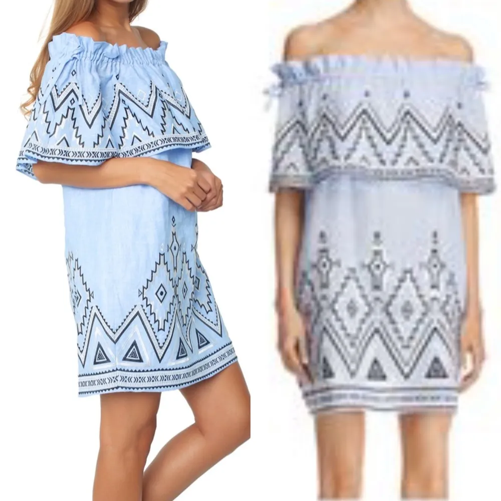 Parker Susie Linen Off The Shoulder Ruffle Embroidered Dress: Periwinkle Blue - Image 5