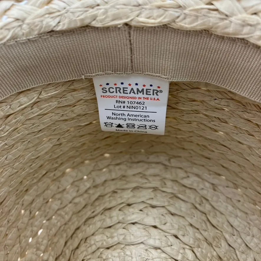 Screamer Straw Fedora‎ Hat Leopard Print Band Frayed Brim Summer Beach Tan - Image 7