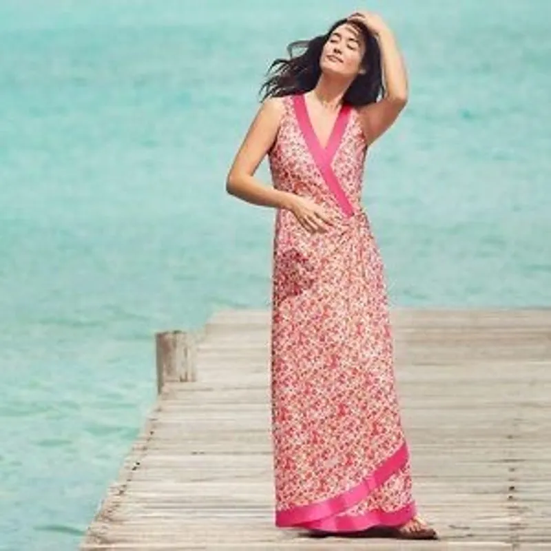 Lands End Surplice V Neck Sleeveless Floral Maxi Wrap Dress Pink Womens XL 18 - Image 15