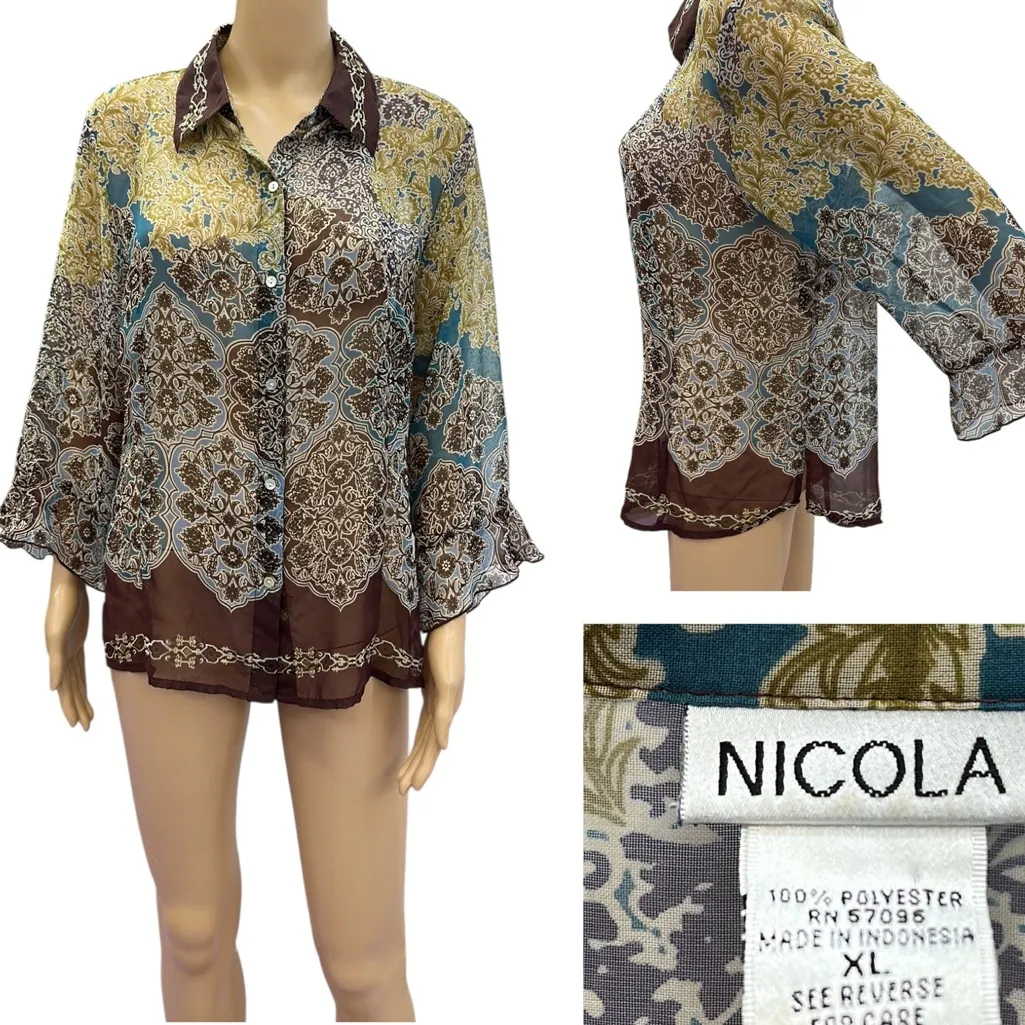 Nicola Vintage Semi Sheer Button Up 3 Quarter Sleeve Collared Print Blouse XL Brown - Image 2