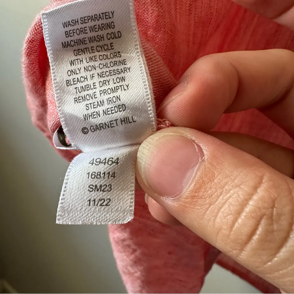 Garnet Hill 100% Linen Button Down Sleeveless Blouse Size 14 Sunset Pink - Image 8