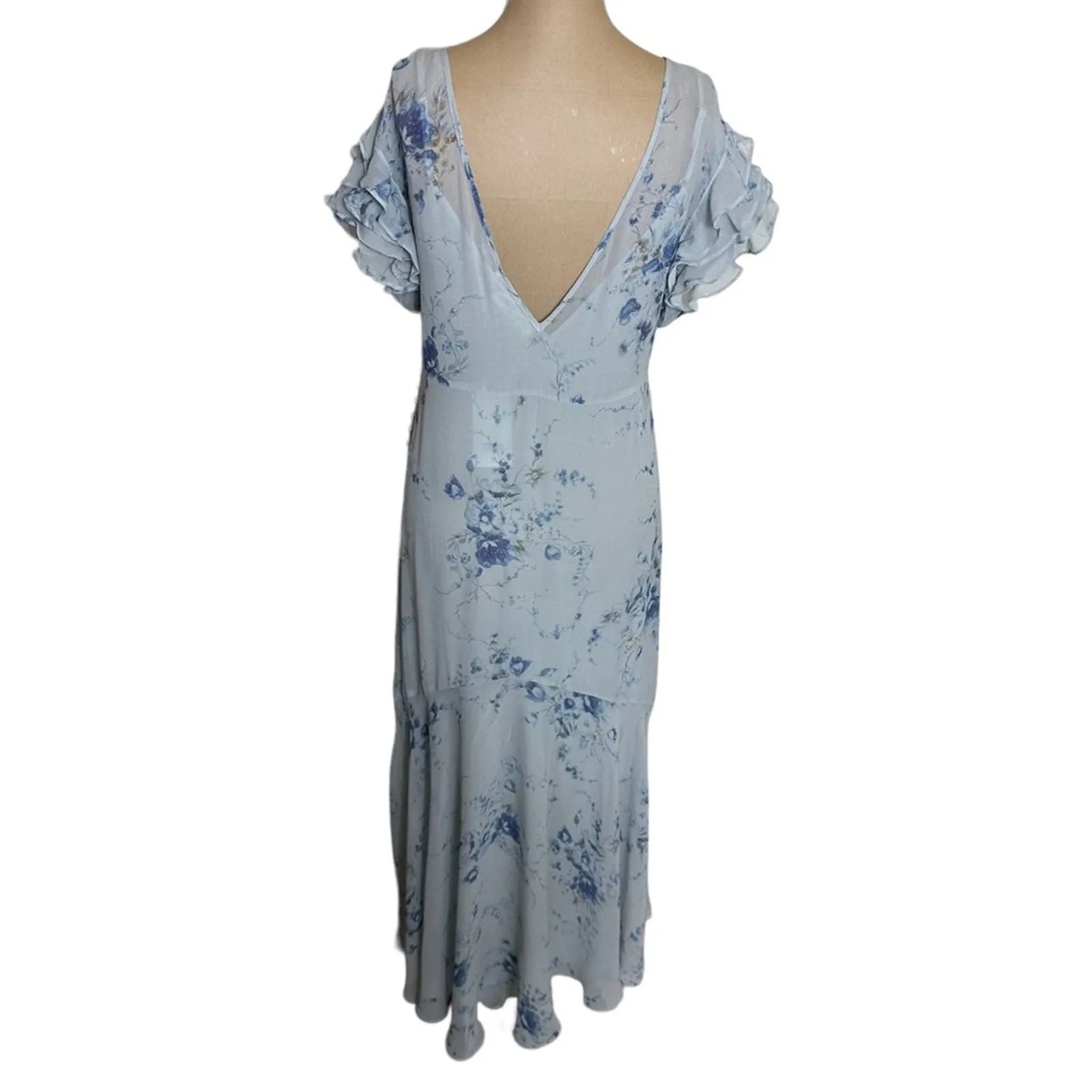 LoveShackFancy Maxi Dress Blue Silk Floral Short Ruffle Sleeve New - Image 10