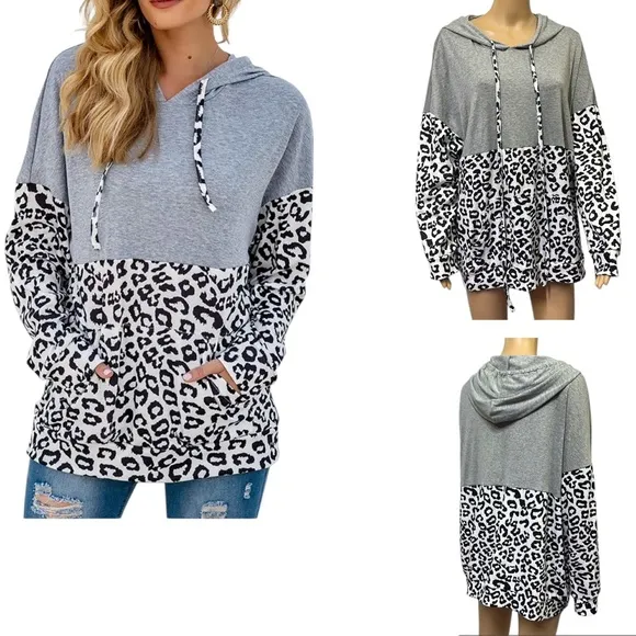 Leopard Colorblock Drop Shoulder Kangaroo Pocket Hooded Long Sleeve Top 2XL Gray Size 2X - Image 2