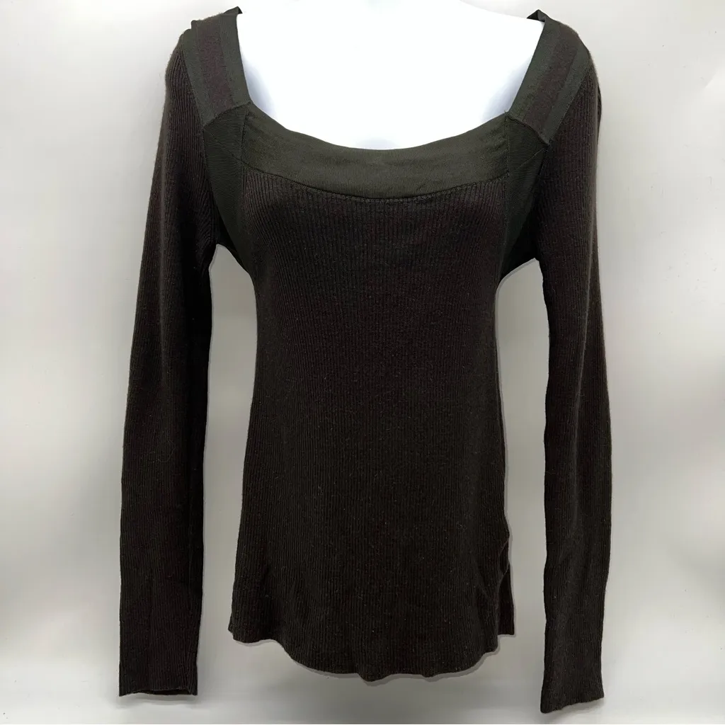 Gucci Olive and Brown Long Sleeve Ribbed Knit Top Shirt Made in Italy-Size L - Image 2