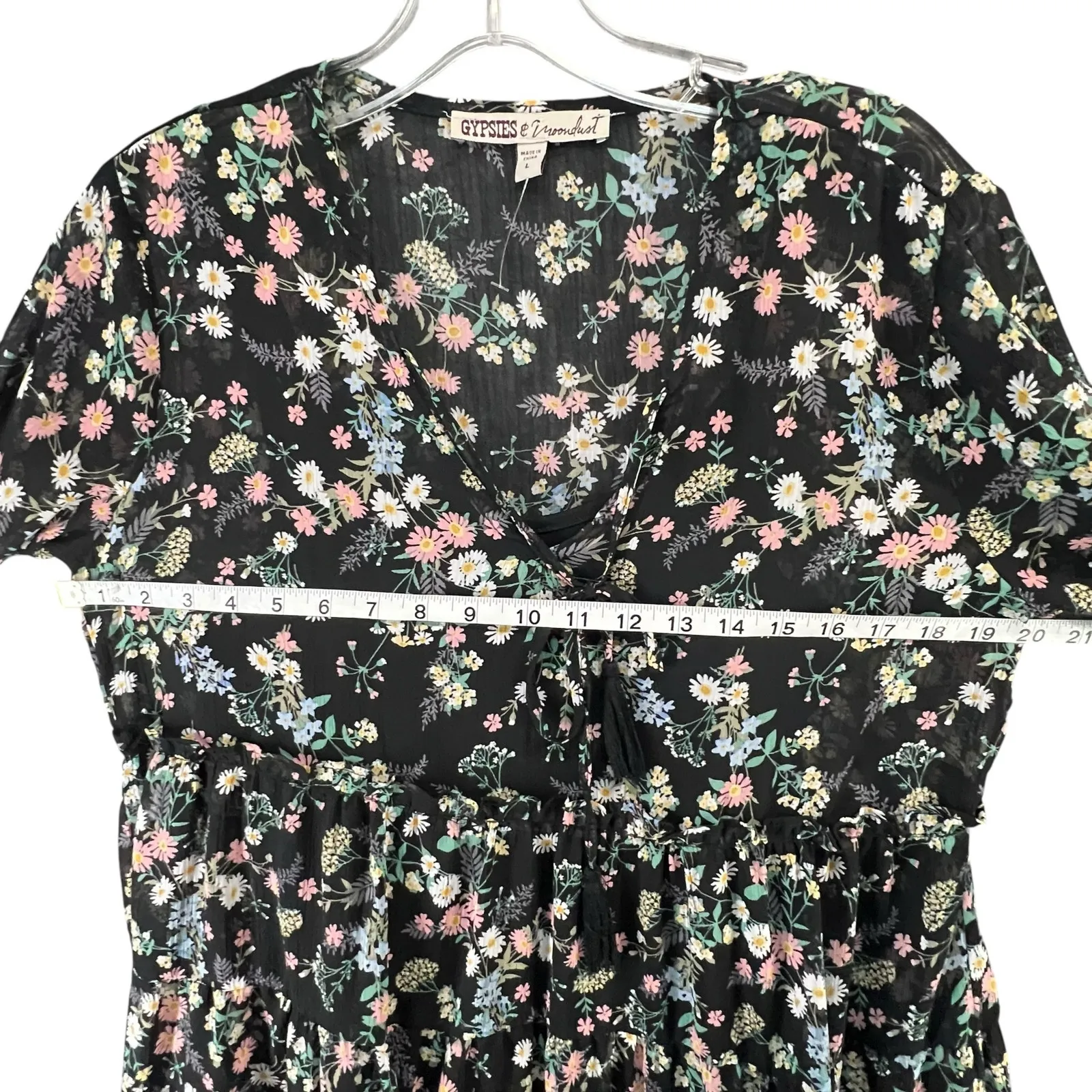 Gypsies & Moondust Babydoll Dress Womens L Black Floral Sheer Fairy Peasant Boho - Image 7