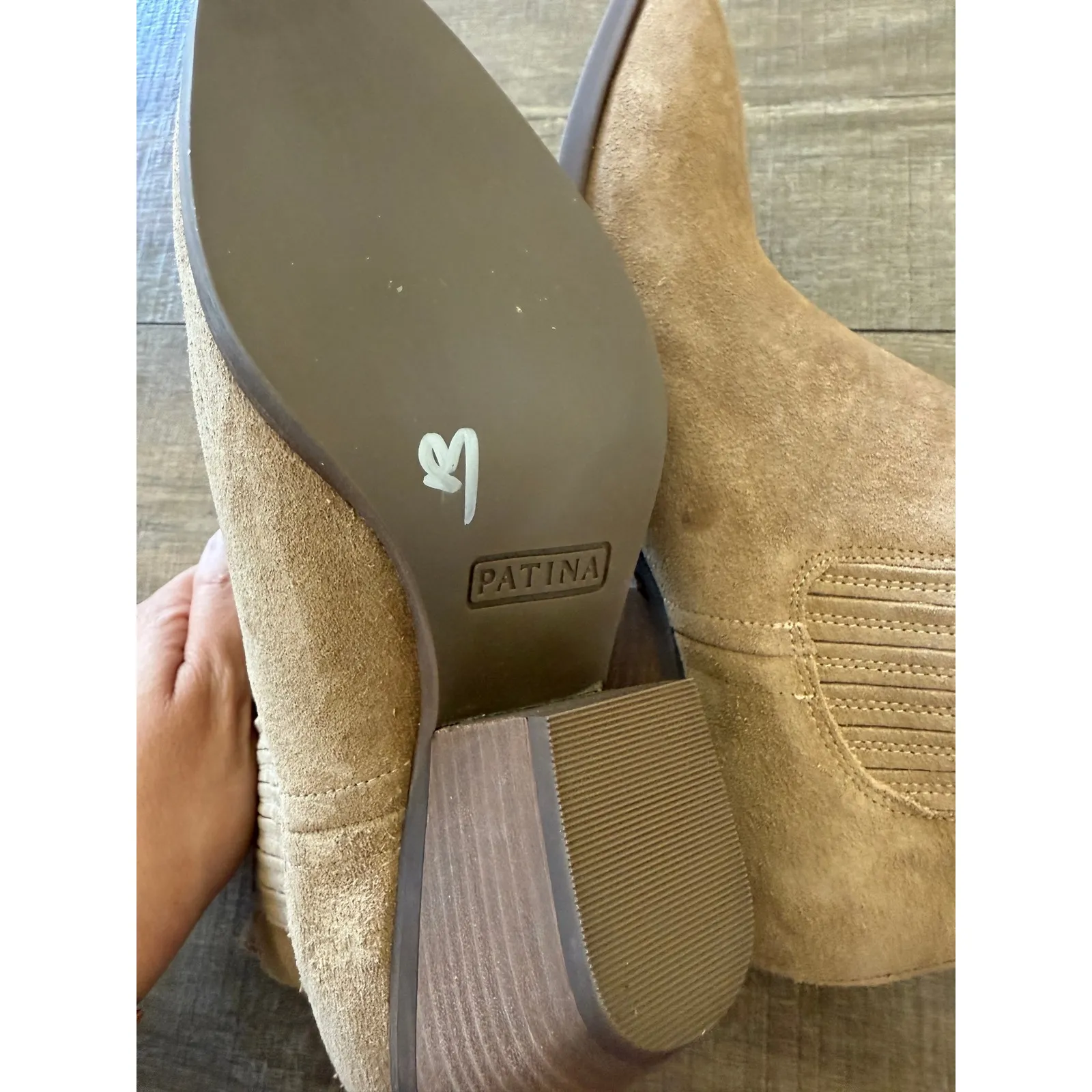 NWOT Patina Women Tan Suede Leather Ankle Booties Wood Heel Western Cowgirl 9.5‎ - Image 5