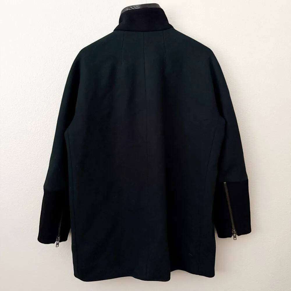 MADEWELL | Green Black City Grid Cocoon Coat Faux Leather Trim Wool Zip | 12 - Image 3