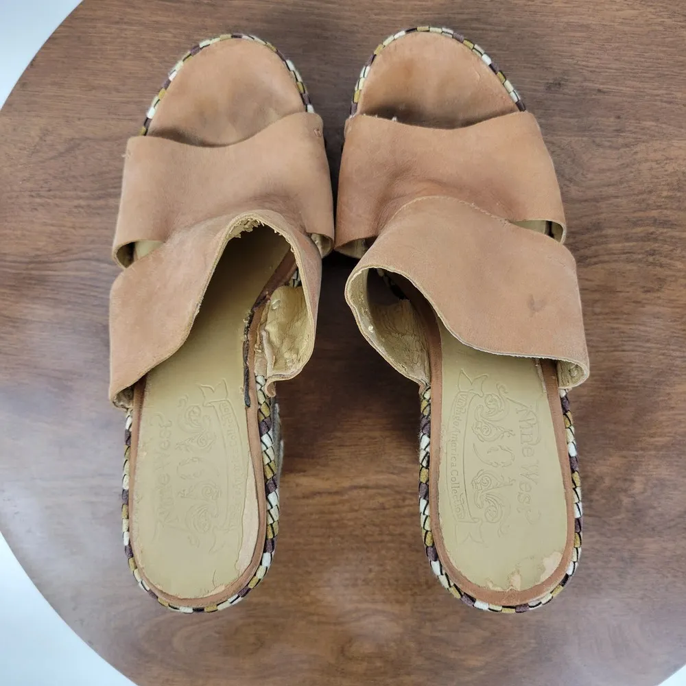 Nine West Womens Jaimy Sandals 7 Tan Leather Open Toe Cork Platform Wedge Heels - Image 3